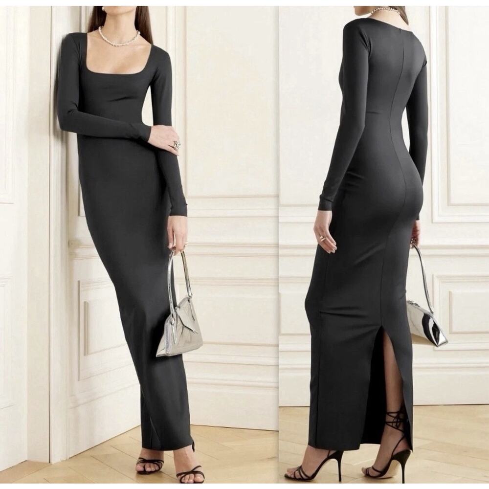 SKIMS Body Long Sleeve Slip Dress Onyx Black Maxi Dress S
